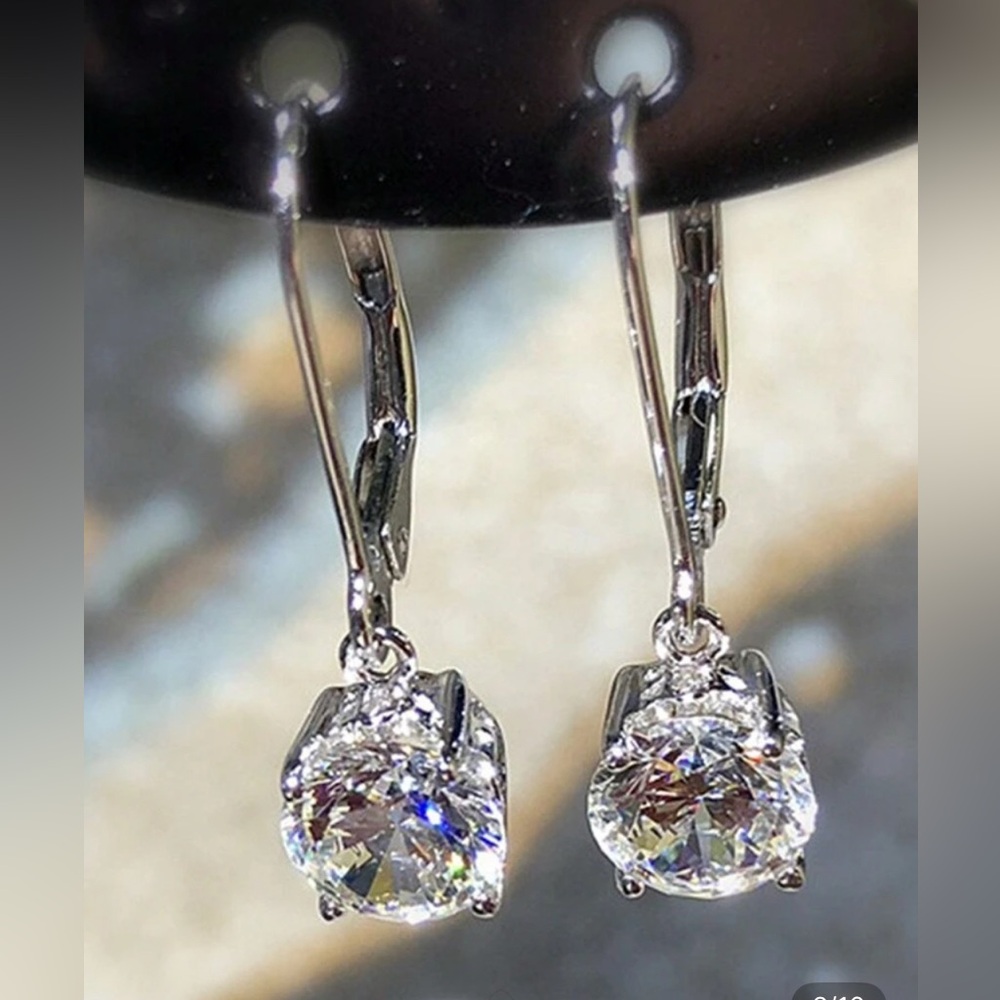 Cubic Zirconia Silver Drop Earrings  8mm with Lever Clasp GORGEOUS - Picture 2 of 8